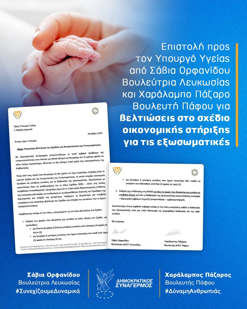Επιστολή προς Υπουργό Υγείας με εισηγήσεις για περαιτέρω βελτίωση του Σχεδίου για την Αντιμετώπιση της Υπογονιμότητας